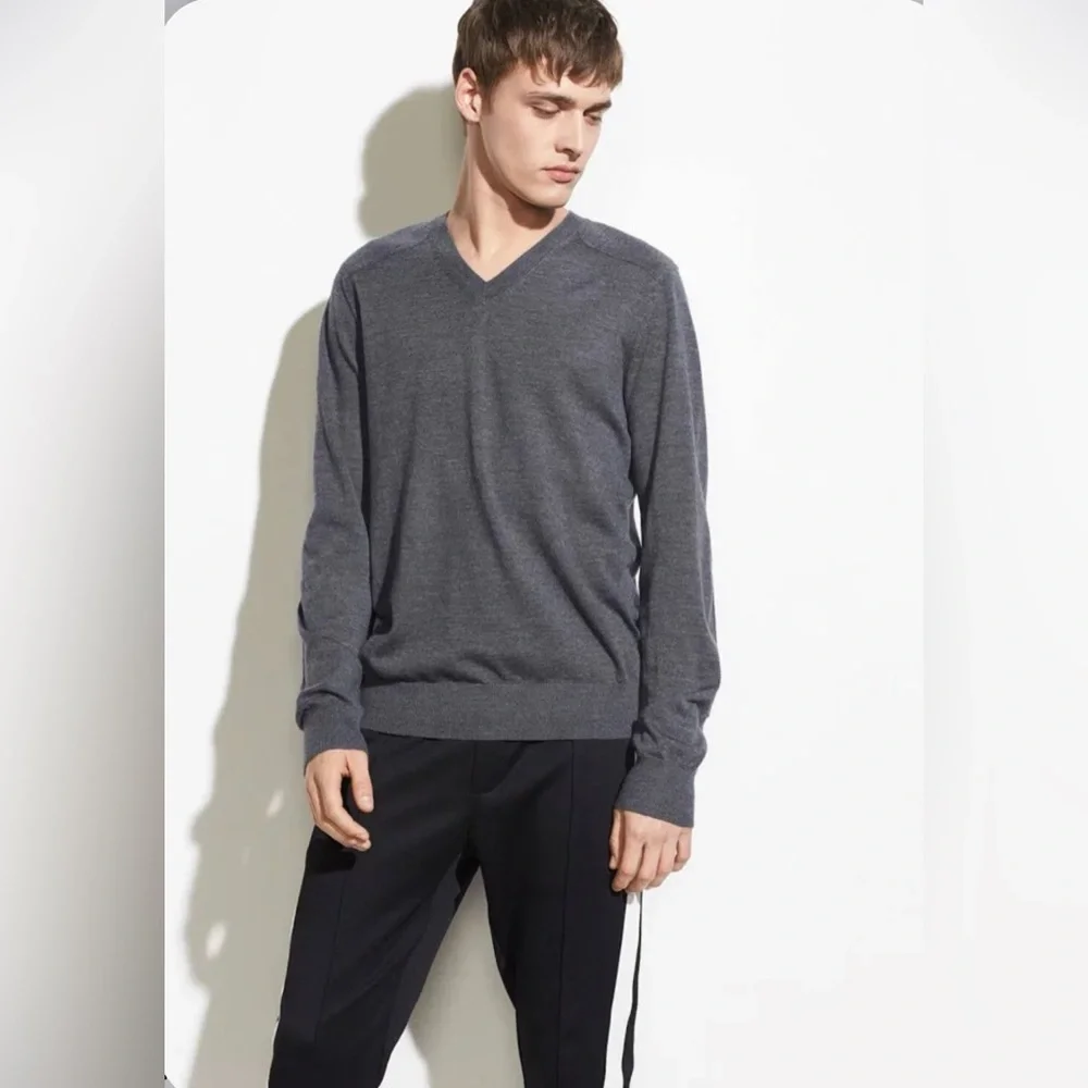 Vince | Gray Wool Elbow Patch V-neck Sweater Sz L